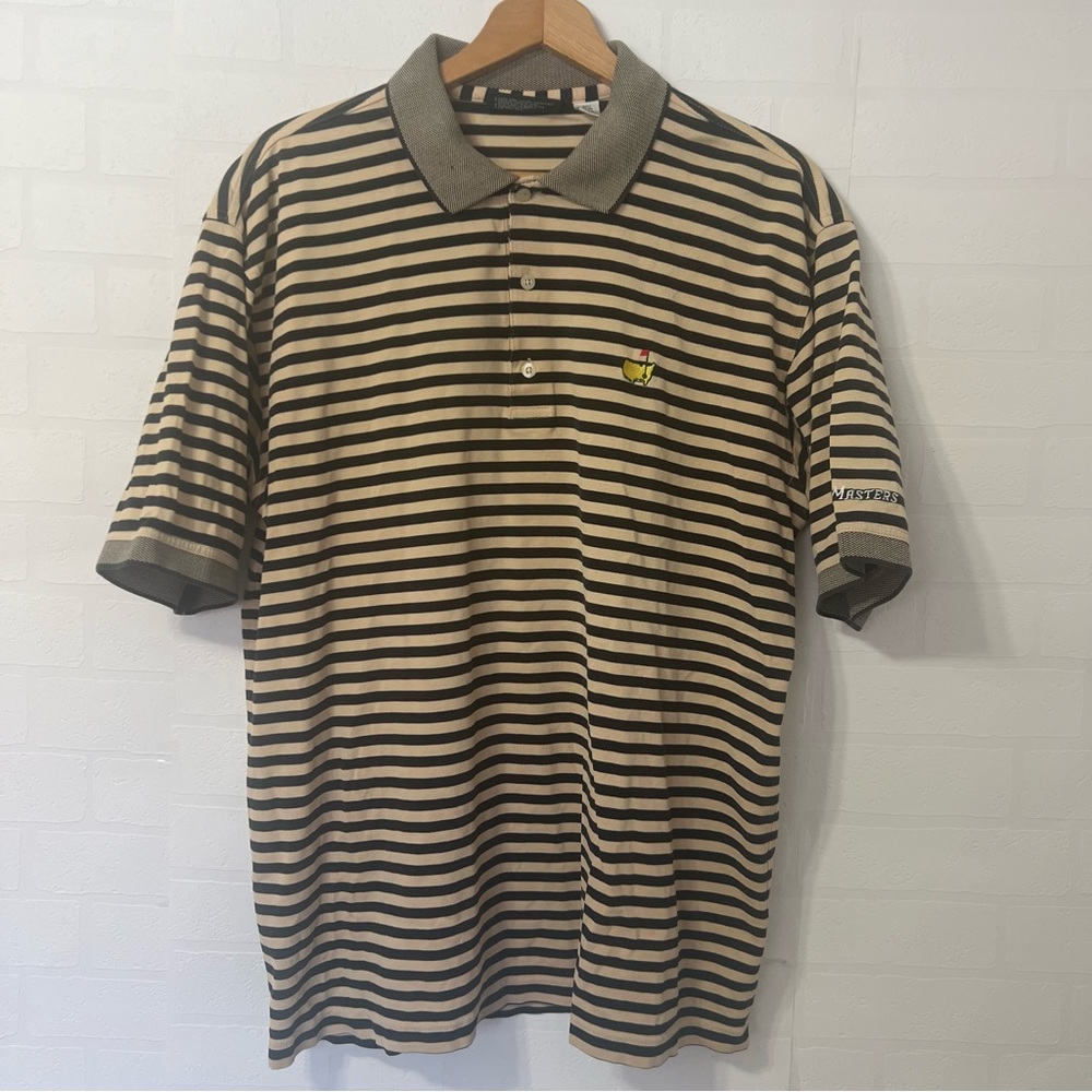 Masters Black Tan Striped Polo Golf Shirt  Embroidered Logo 100% Cotton Size L